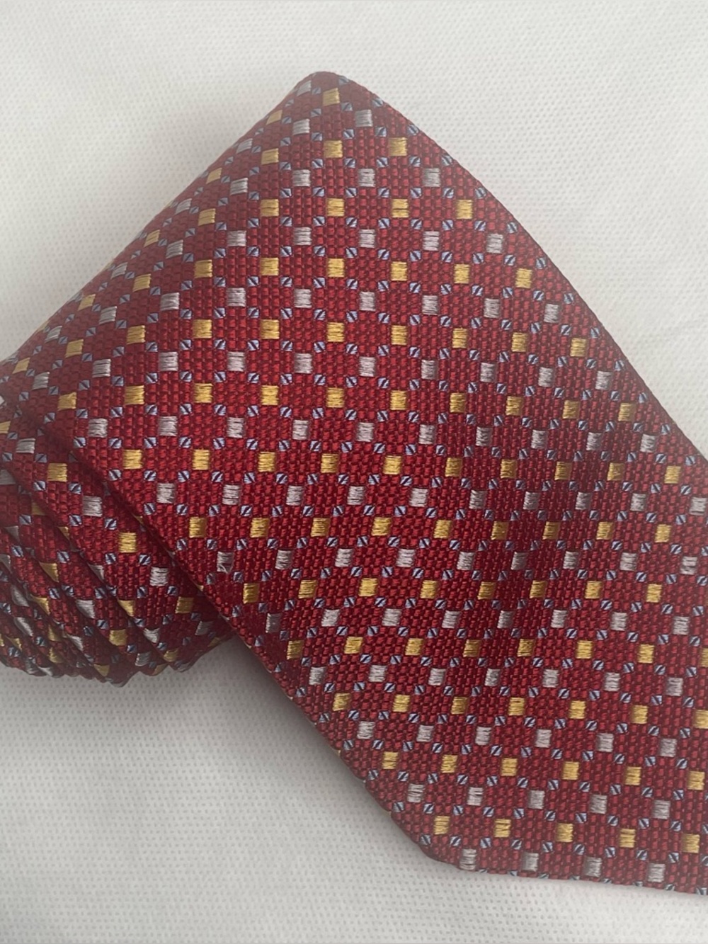 Jos. A. Bank Italian Silk Necktie Red Textured Gold Silver Squares Preppy Tie